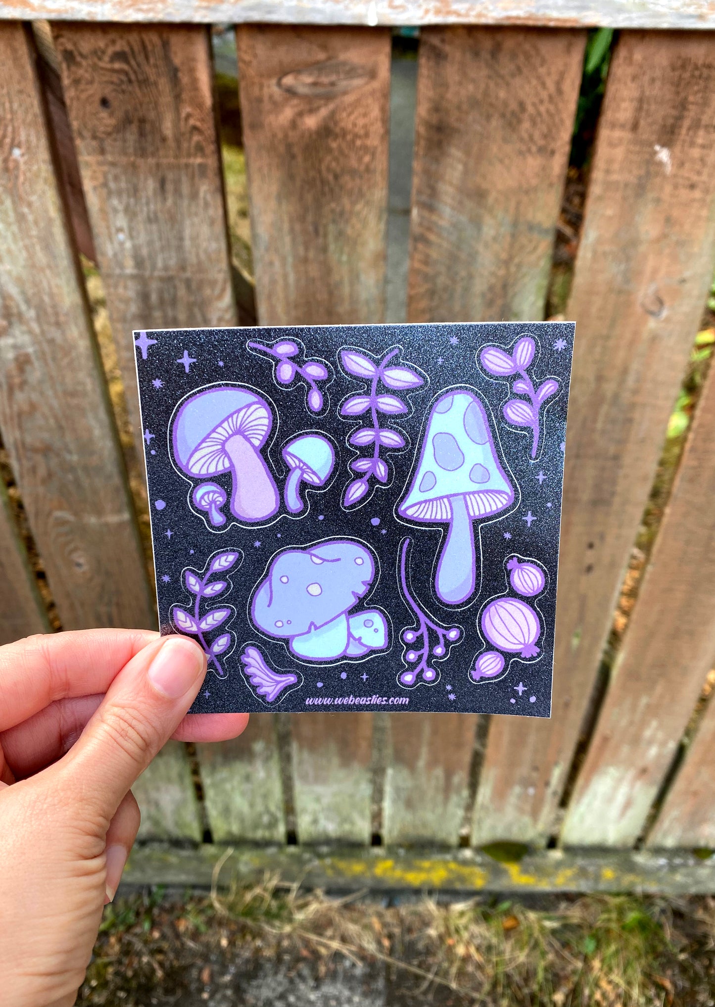 B-Grade Glitter Finish Purple Mushrooms Sticker Sheet