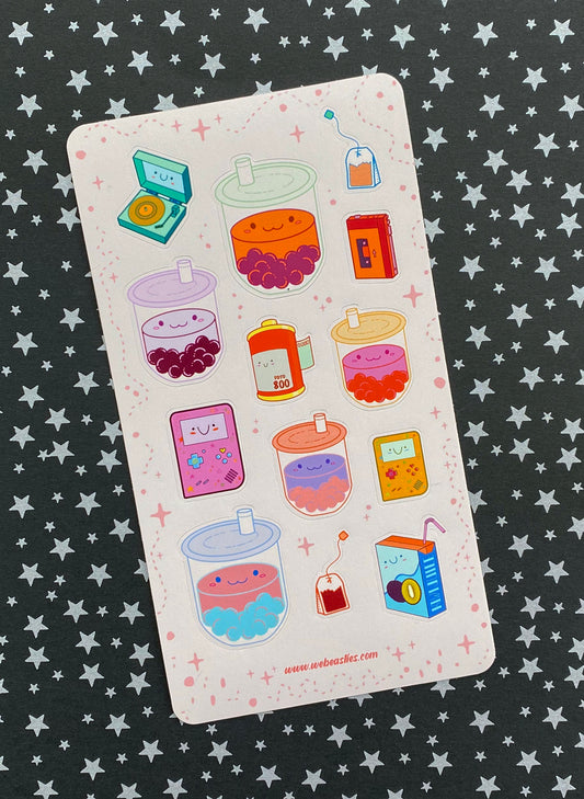 Adorable Boba Retro Cassettes Records Matte Vinyl Sticker Sheet