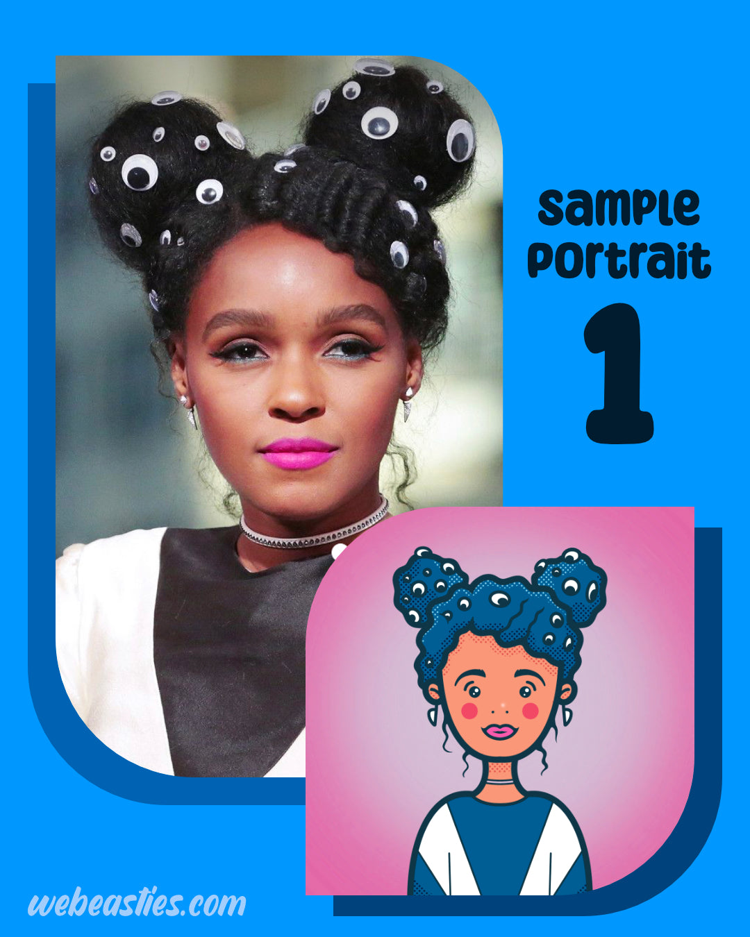 A photo of Janelle Monae wearing her hair in two buns covered with googly eyes of different sizes. Next to the photo is an illustration of that same photo. The illustration is drawn in a cute and stylized way with bright blue and pink colors.
