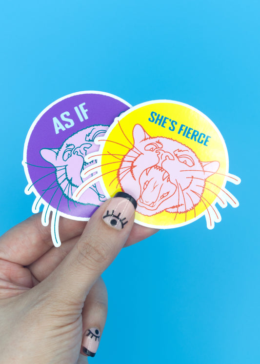 She's Fierce Mad Cat glossy vinyl sticker