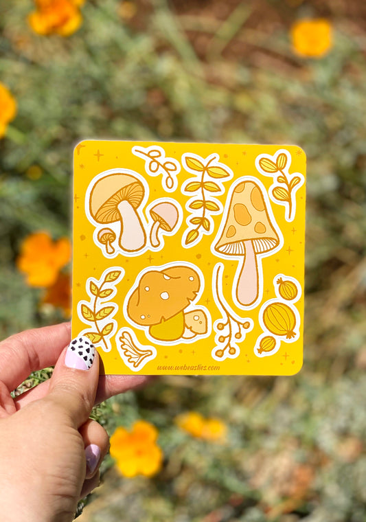 Yellow Mushrooms and Plants Autumn Vibes Sticker Sheet
