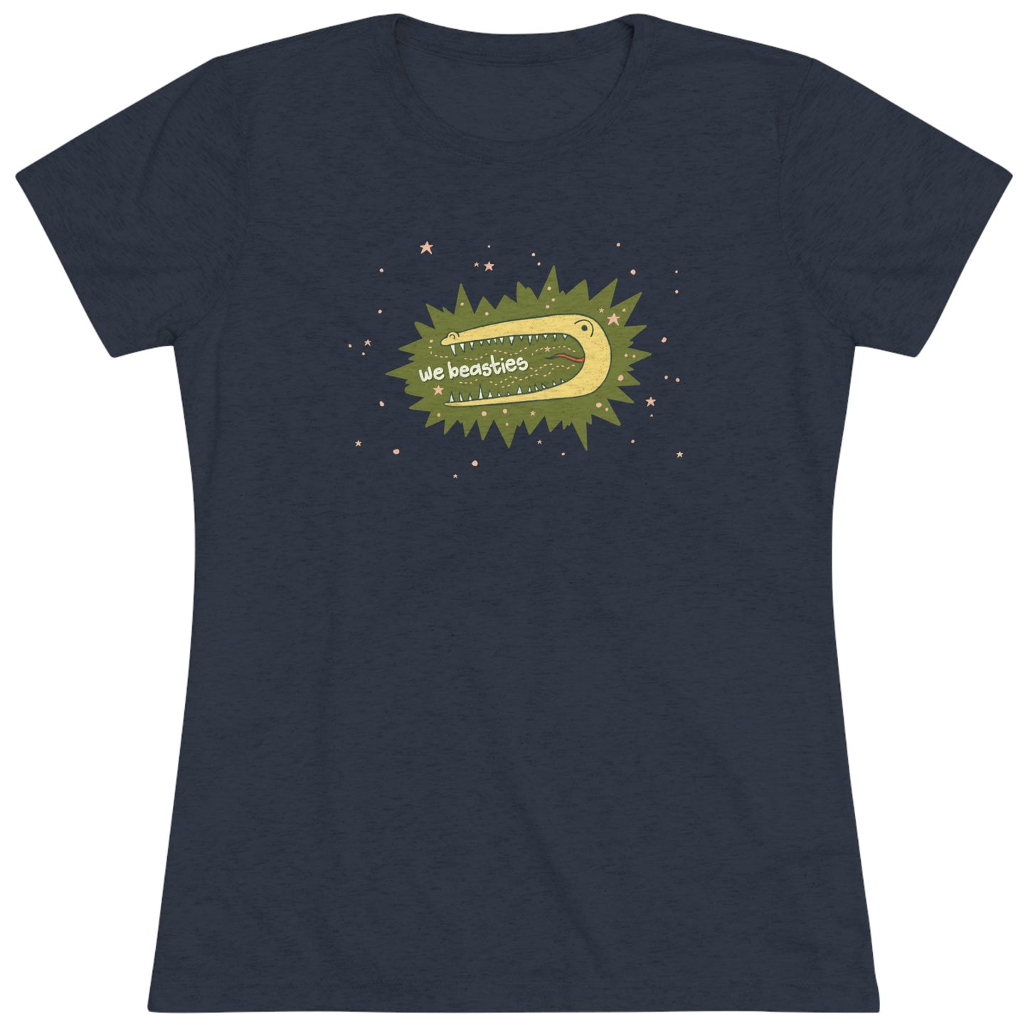 A varigated dark blue t-shirt with the We Beasties logo (a yellow alligator on a green star burst surround by pink stars and the words "We Beasties" in the alligator's mouth.)