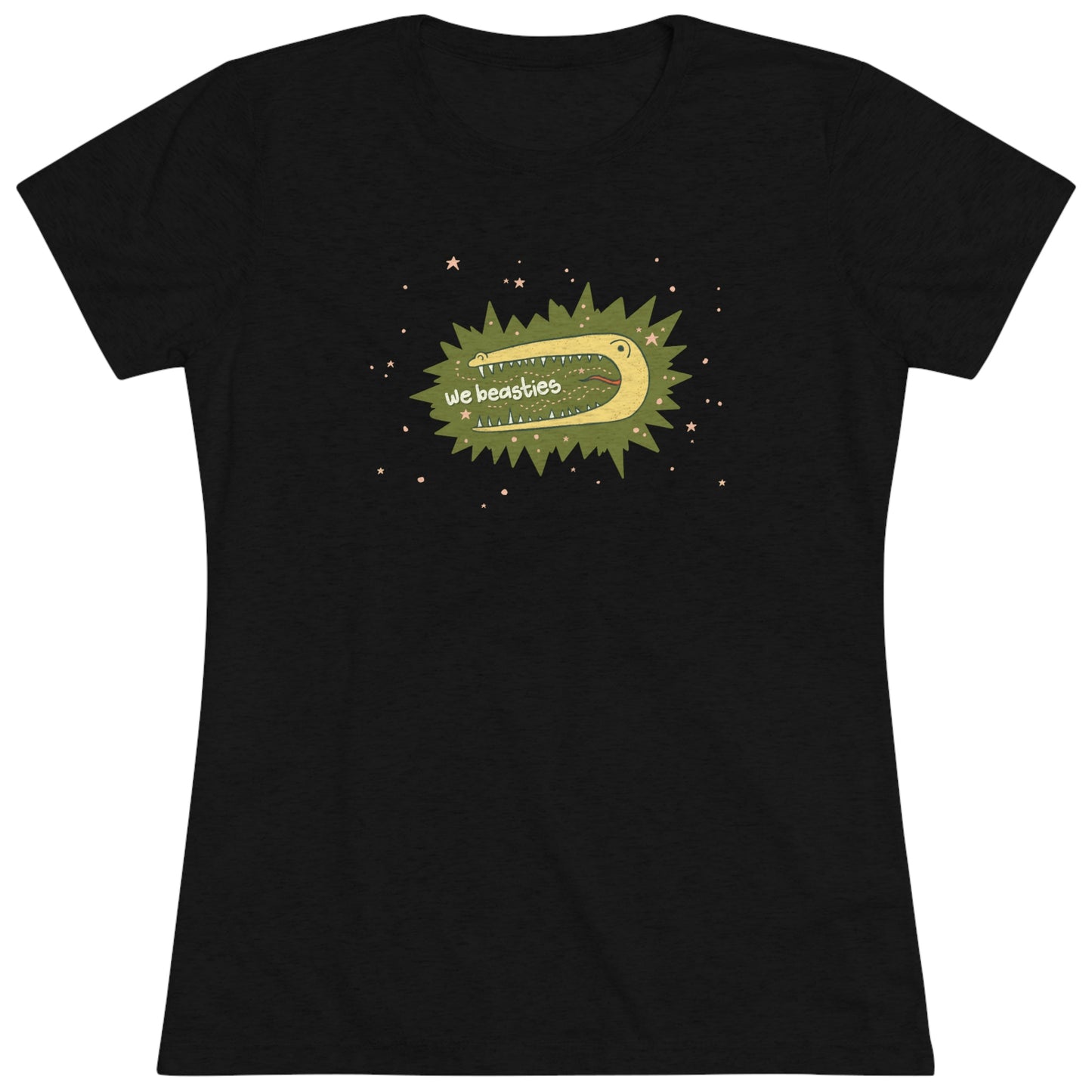 A black t-shirt with the We Beasties logo (a yellow alligator on a green star burst surround by pink stars and the words "We Beasties" in the alligator's mouth.)
