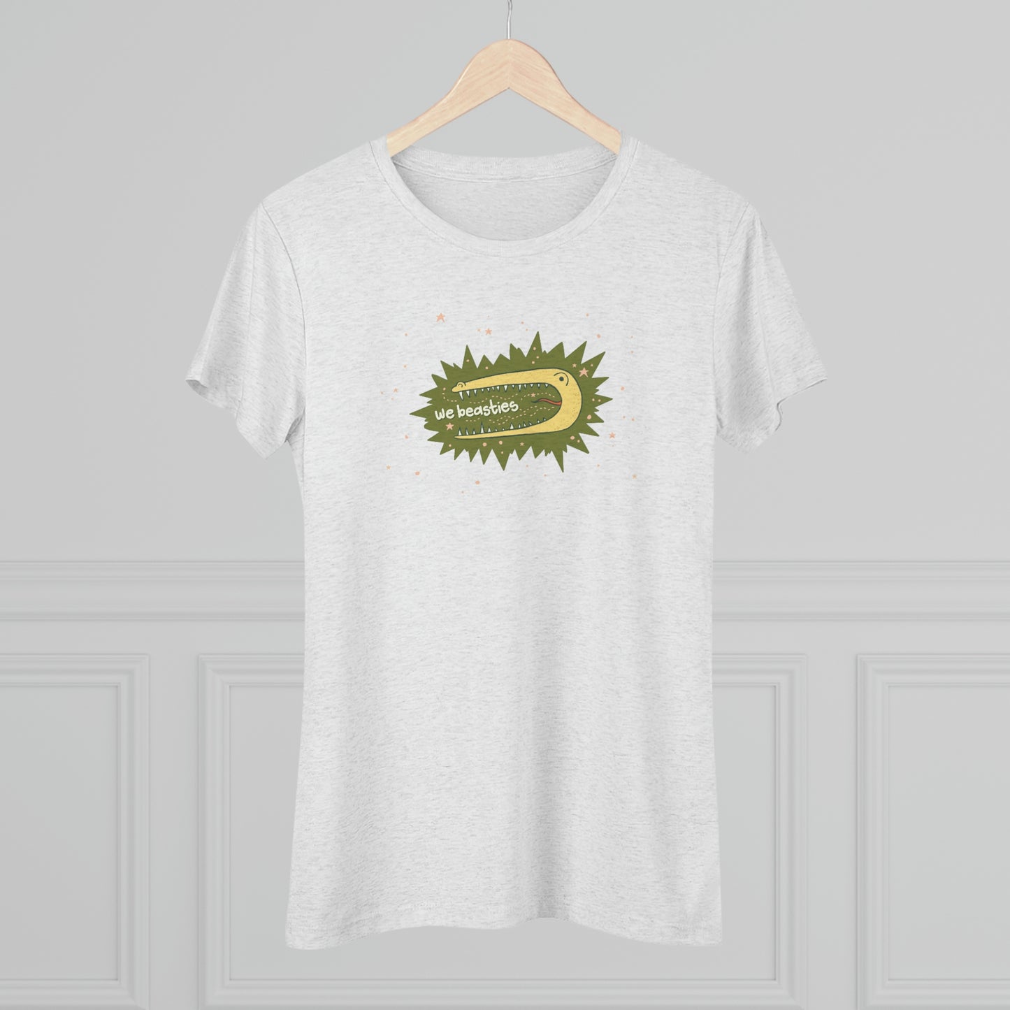 A varigated gray t-shirt with the We Beasties logo (a yellow alligator on a green star burst surround by pink stars and the words "We Beasties" in the alligator's mouth.) The shirt is shown on a wood hanger.