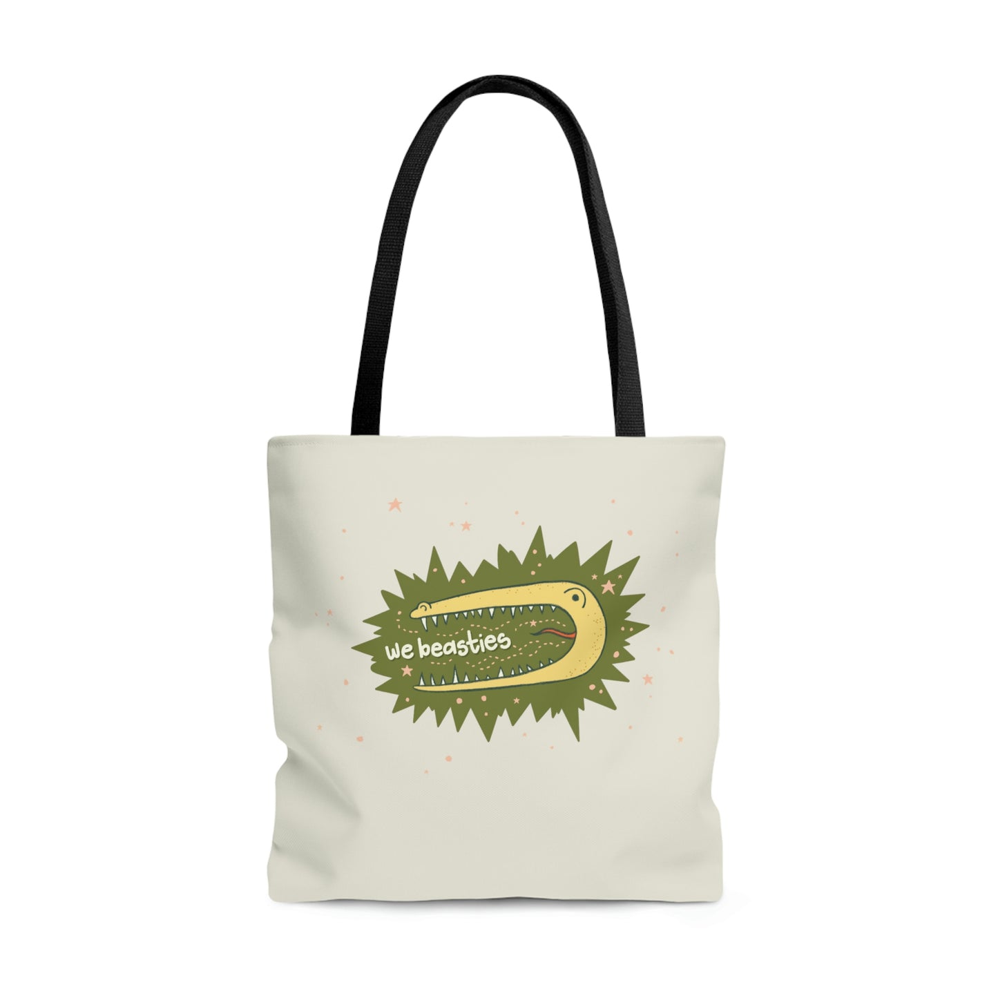 The front of a tote bag against a white background. The tote is off-white with black straps and is printed with the We Beasties logo (a yellow alligator on a green star burst background surrounded by pink stars and the words "We Beastiest" in its mouth).