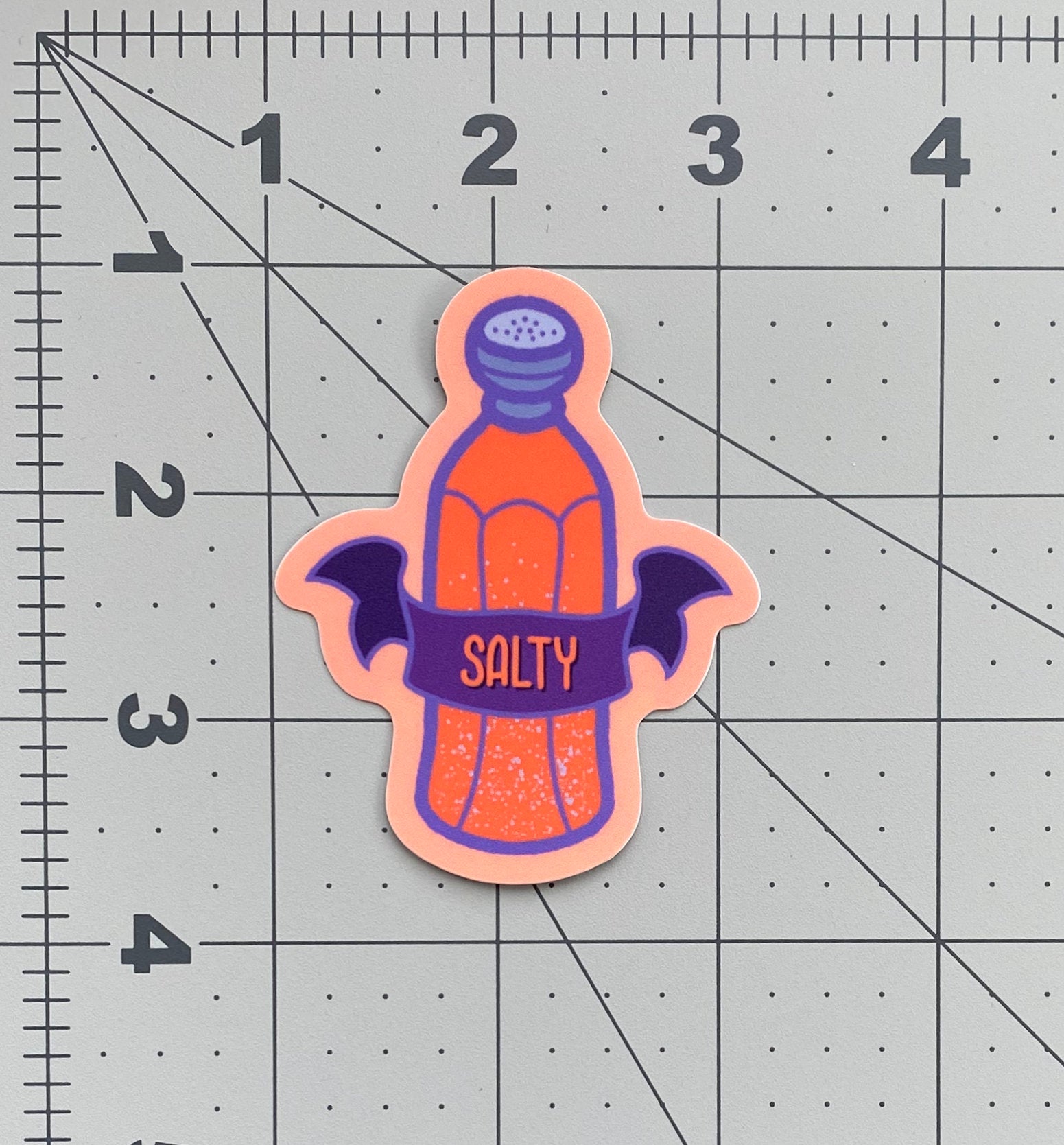 A peach vinyl sticker with an illustration of a salt shaker and a banner that says "Salty" against a ruled background to show size.