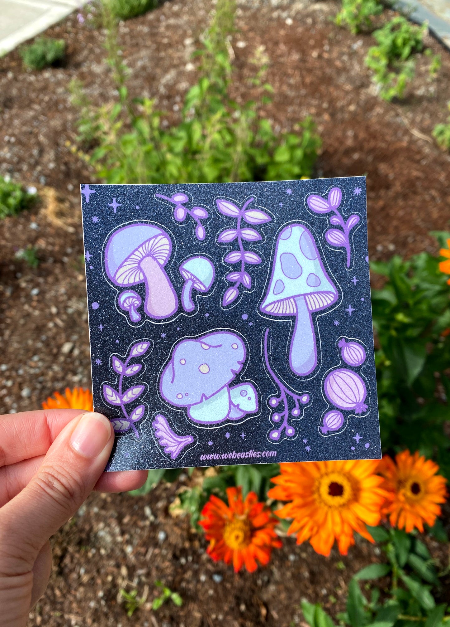 B-Grade Glitter Finish Purple Mushrooms Sticker Sheet