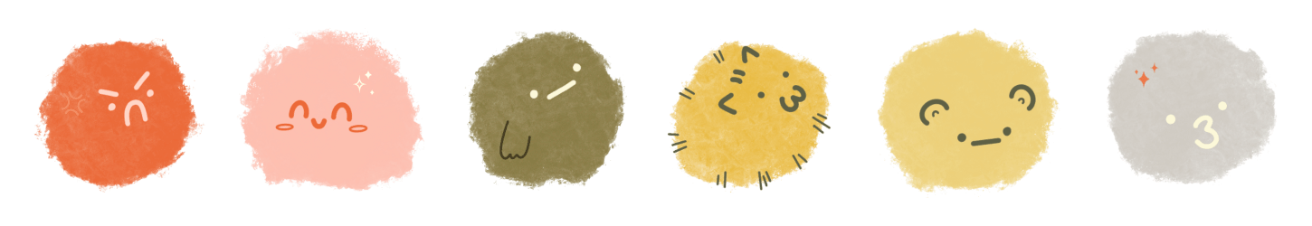 Six puff balls in different colors and with different expressions