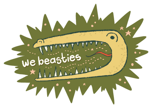 Illustration of a yellow alligator eating the words We Beasties surrounded by pink stars against a dark green star burst