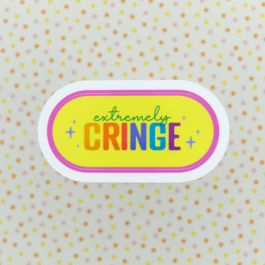 An oval sticker that says "extremely cringe" on a yellow background and is surrounded by stars. The sticker has a pink border and the border is uneven on one side, making this a b-grade product