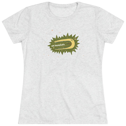 A varigated gray t-shirt with the We Beasties logo (a yellow alligator on a green star burst surround by pink stars and the words "We Beasties" in the alligator's mouth.)