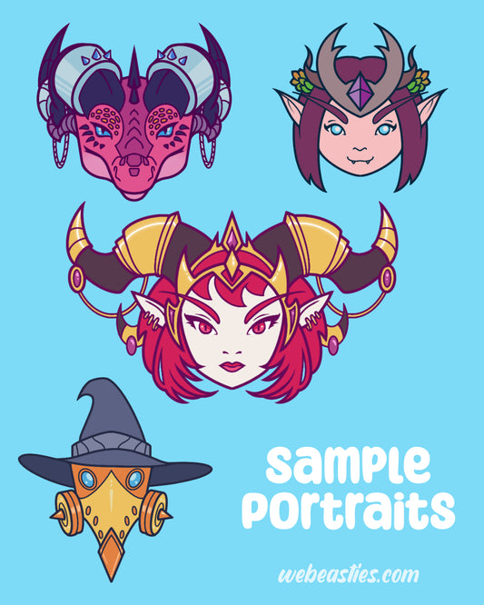 Four portraits of armored characters from World of Warcraft: a dracthyr evoker, a night elf druid, a warlock with a plague doctor mask and a wizard hat, and Alexstrasza in human form. The linework is strong and clean and the colors are bright and cheerful.