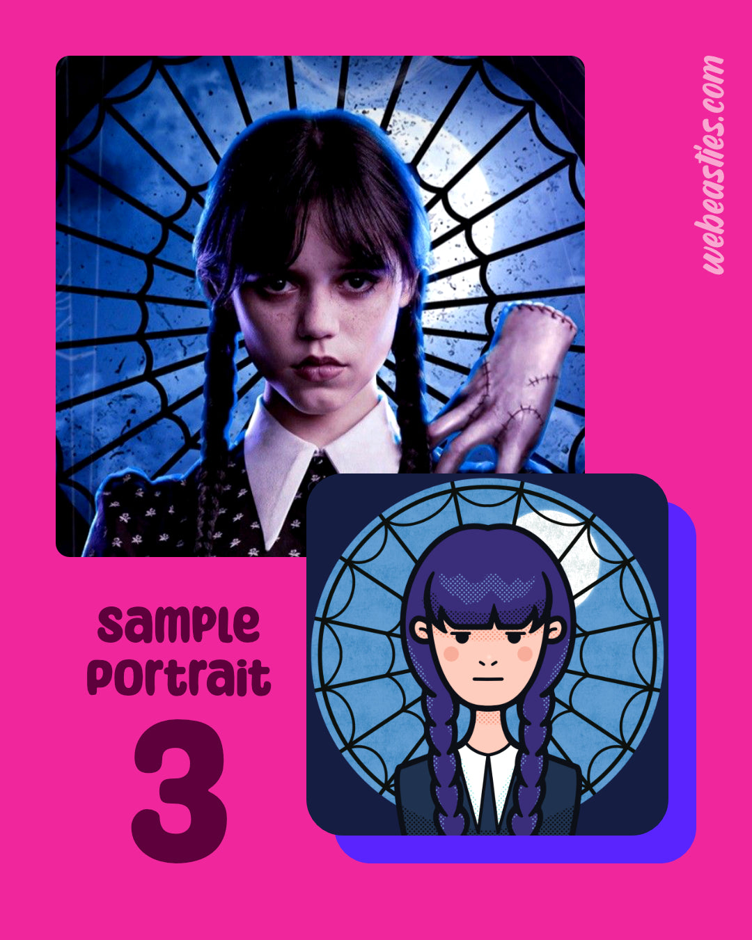 A sample profile picture featuring Jenna Ortega as Wednesday Addams in front of a spider-web stained glass window.
